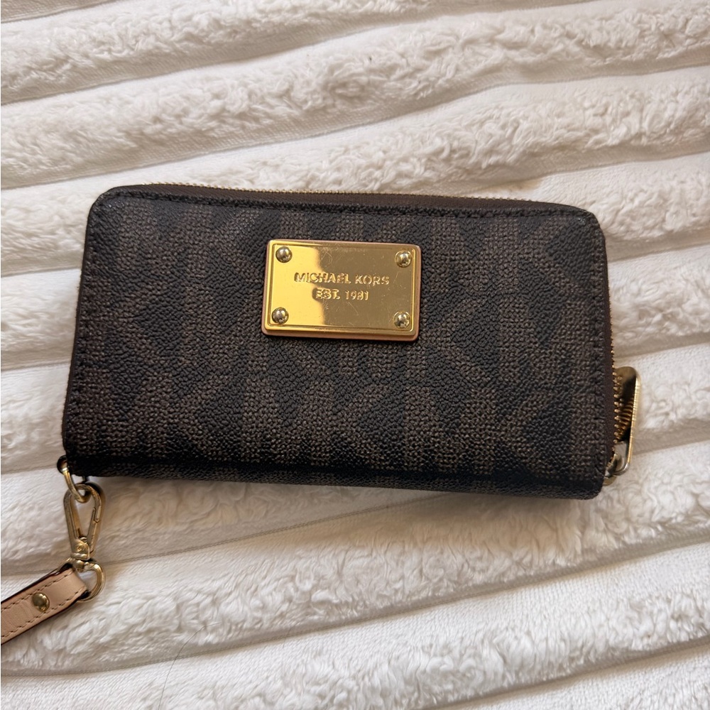 Michael Kors Dark Brown Signature Zip-Around Wristlet Wallet with Gold Plate